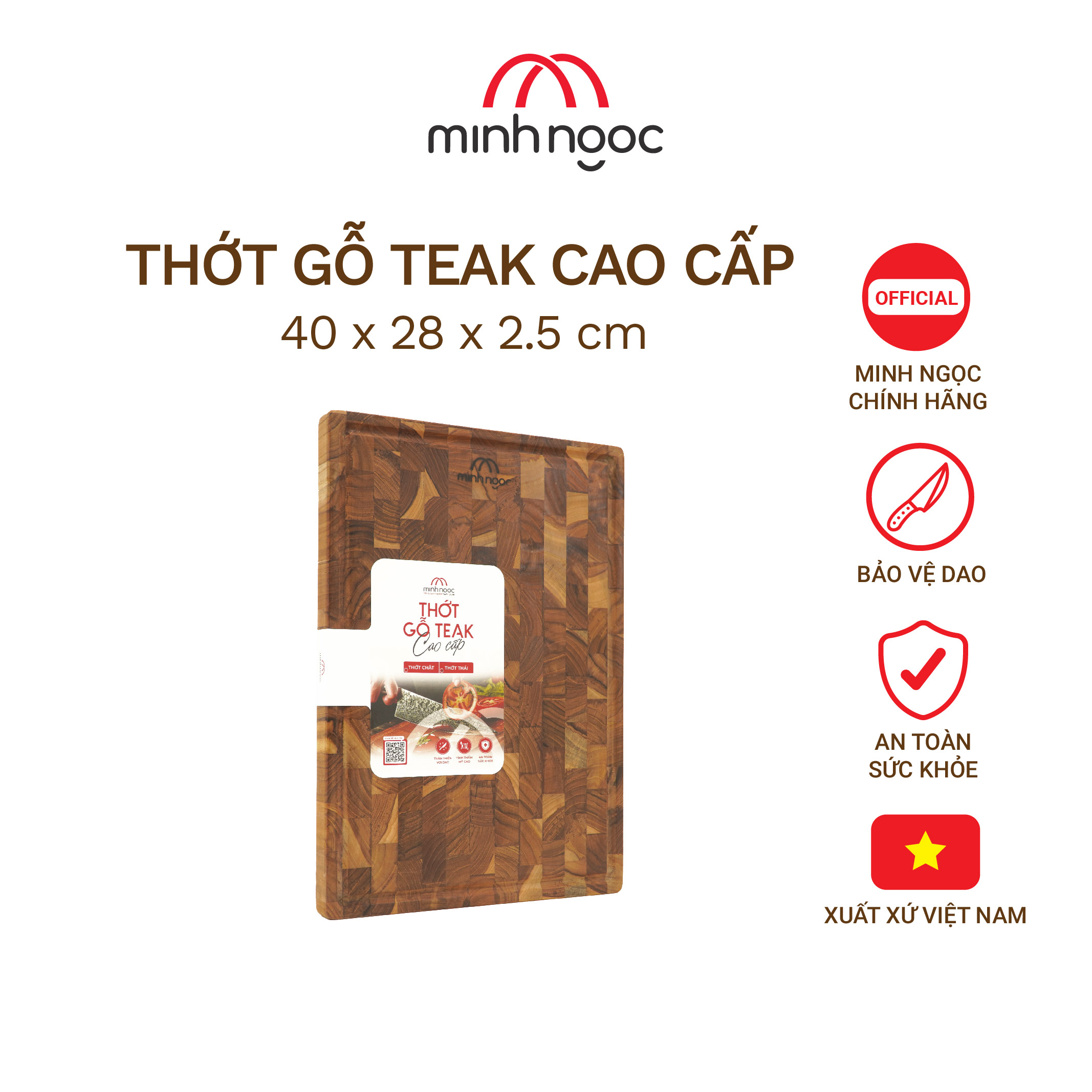 Thớt gỗ Teak cao cấp Minh Ngọc kháng khuẩn tự nhiên, an toàn, bền đẹp, cỡ trung 35x25x2.5cm