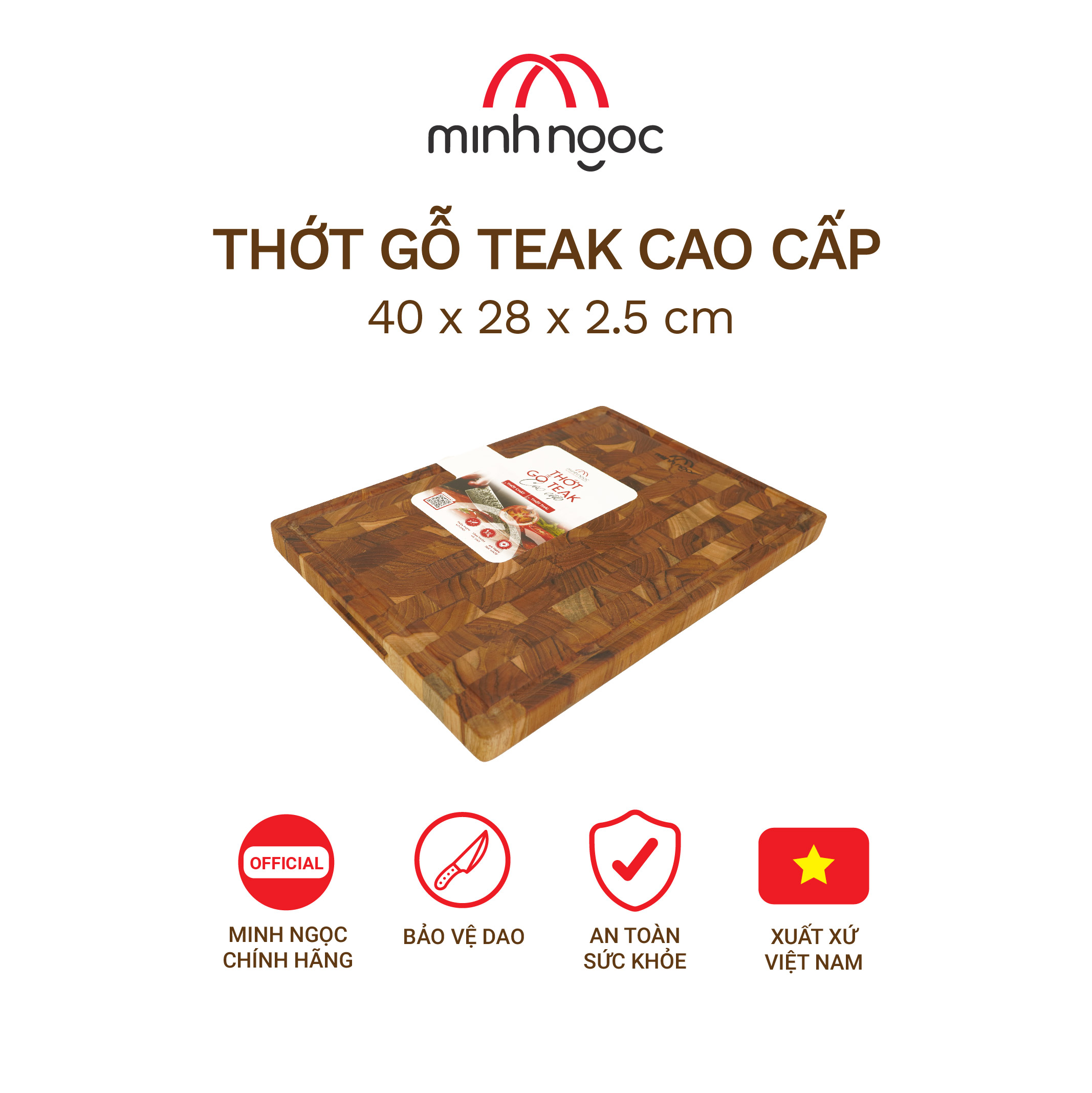 Thớt gỗ Teak cao cấp Minh Ngọc kháng khuẩn tự nhiên, an toàn, bền đẹp, cỡ trung 35x25x2.5cm