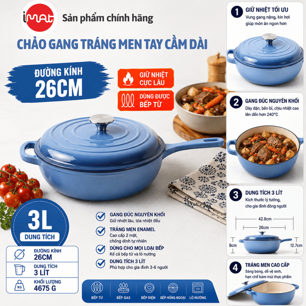 Chảo Gang Imat Tráng Men Sứ Enamel 26CM