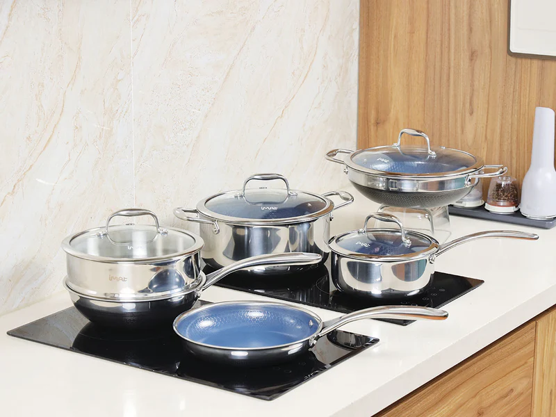 Bộ 5 nồi chảo iMat Hybrid Blackcube, phủ chống dính gốm Ceramic lòng xanh