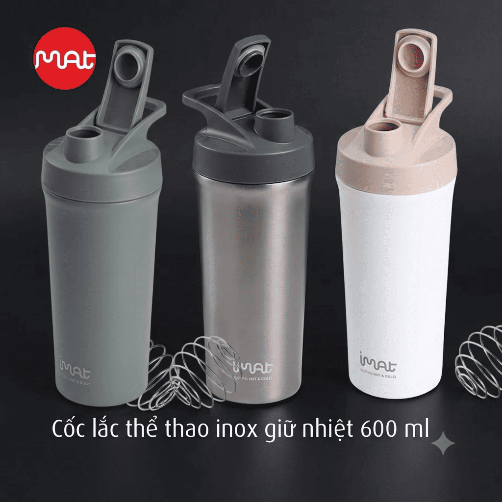Cốc Lắc Thể Thao IMat 600ml Kèm Bóng Lò Xo 3 Màu Xanh Nhiệt Đới/ Xám/ Trắng Yến Mạch