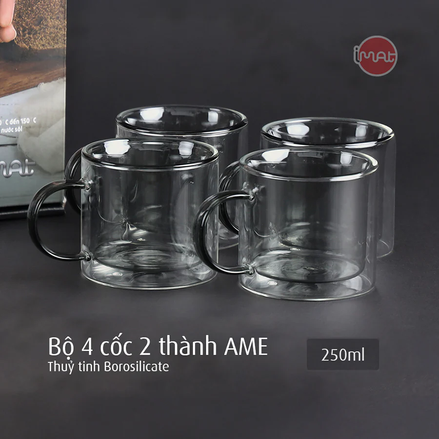 Bộ 4 cốc IMAT AME 2 thành thủy tinh borosilicate dung tích  250ml