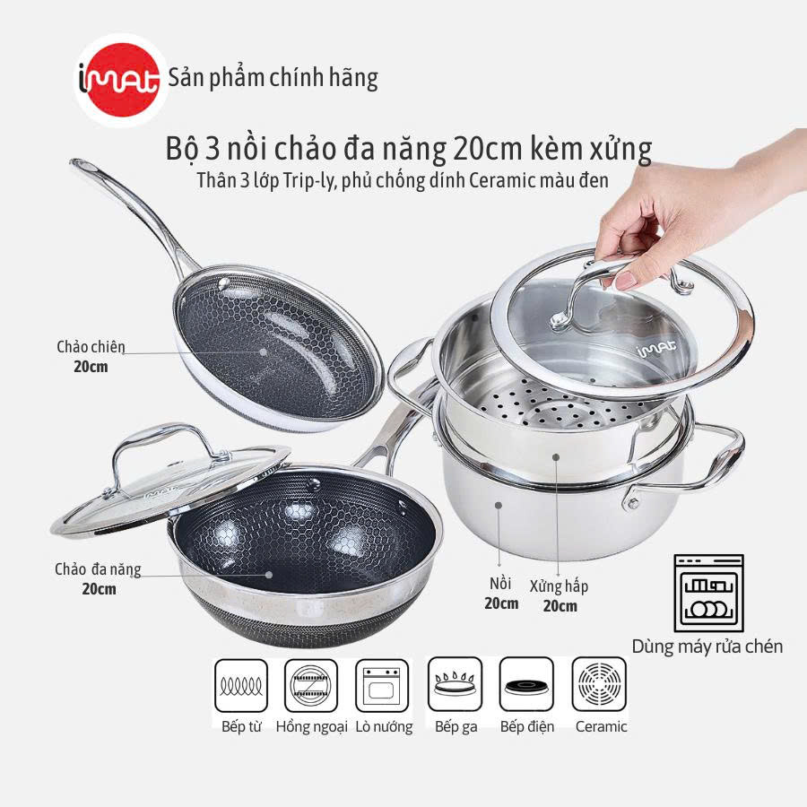 Combo Chảo Chiên + Đa Năng Kèm Xửng Hấp Imat Hybrid 20Cm