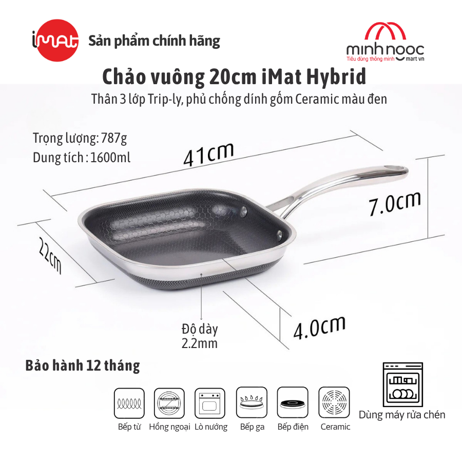 Chảo Chiên Vuông Imat Hybrid 20Cm, Chống Dính Ceramic Đen