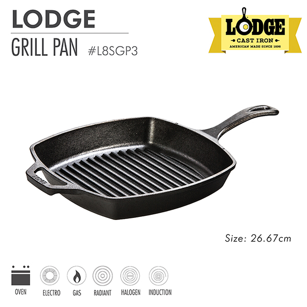 Chảo gang Lodge - L8SGP3 Chảo gang nướng hình vuông 26.67cm