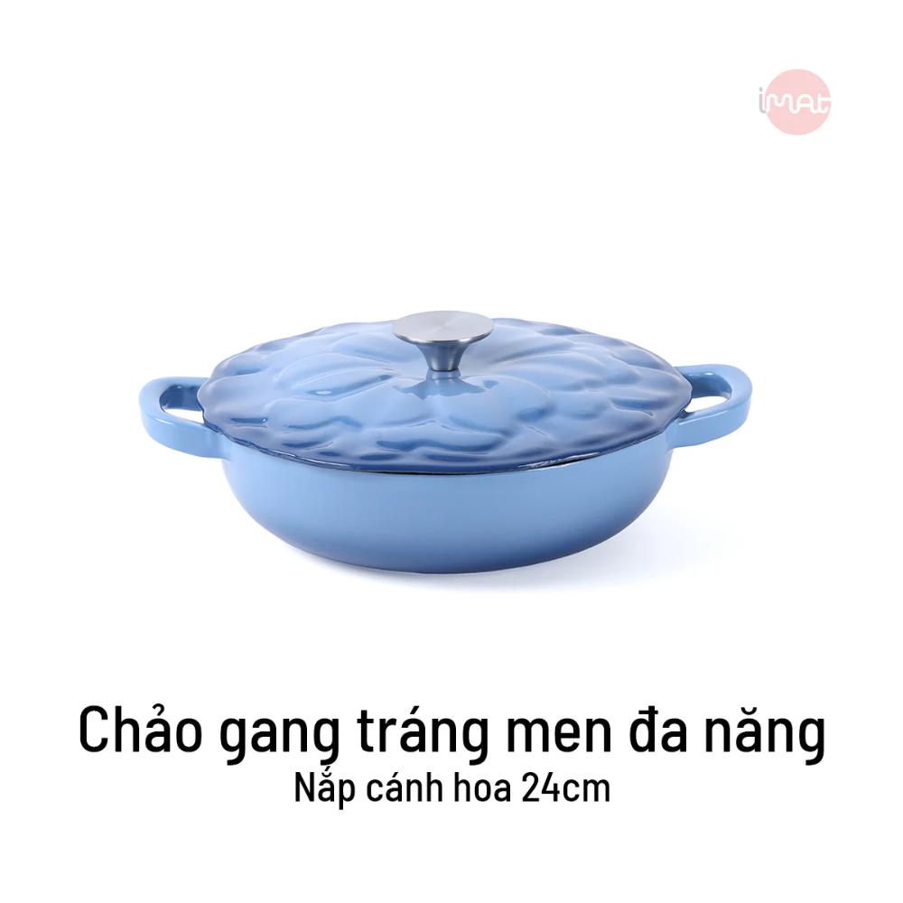 Chảo gang tráng men đa năng nắp cánh hoa 24cm có vung