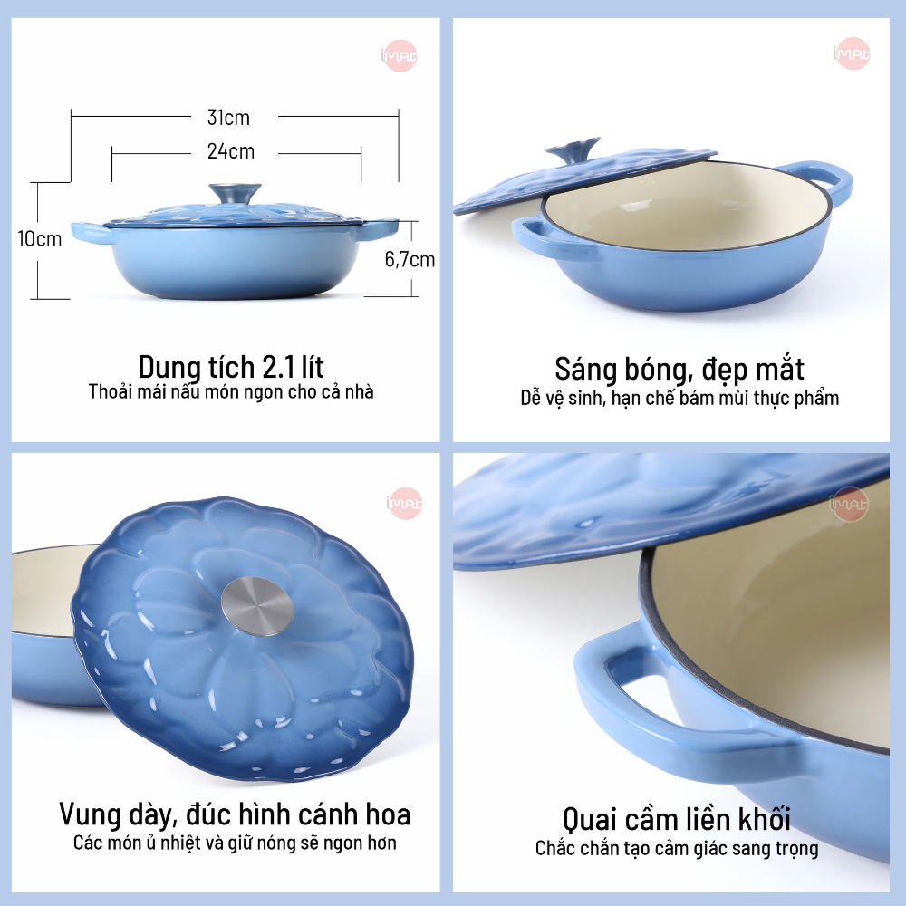 Chảo gang tráng men đa năng nắp cánh hoa 24cm có vung