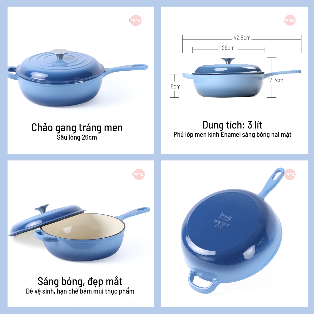 Chảo gang tráng men sâu lòng 26cm có vung