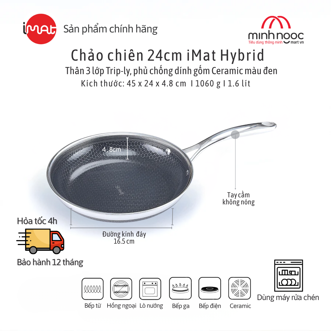 Chảo Chiên Imat Hybrid 24Cm, Chống Dính Ceramic Đen