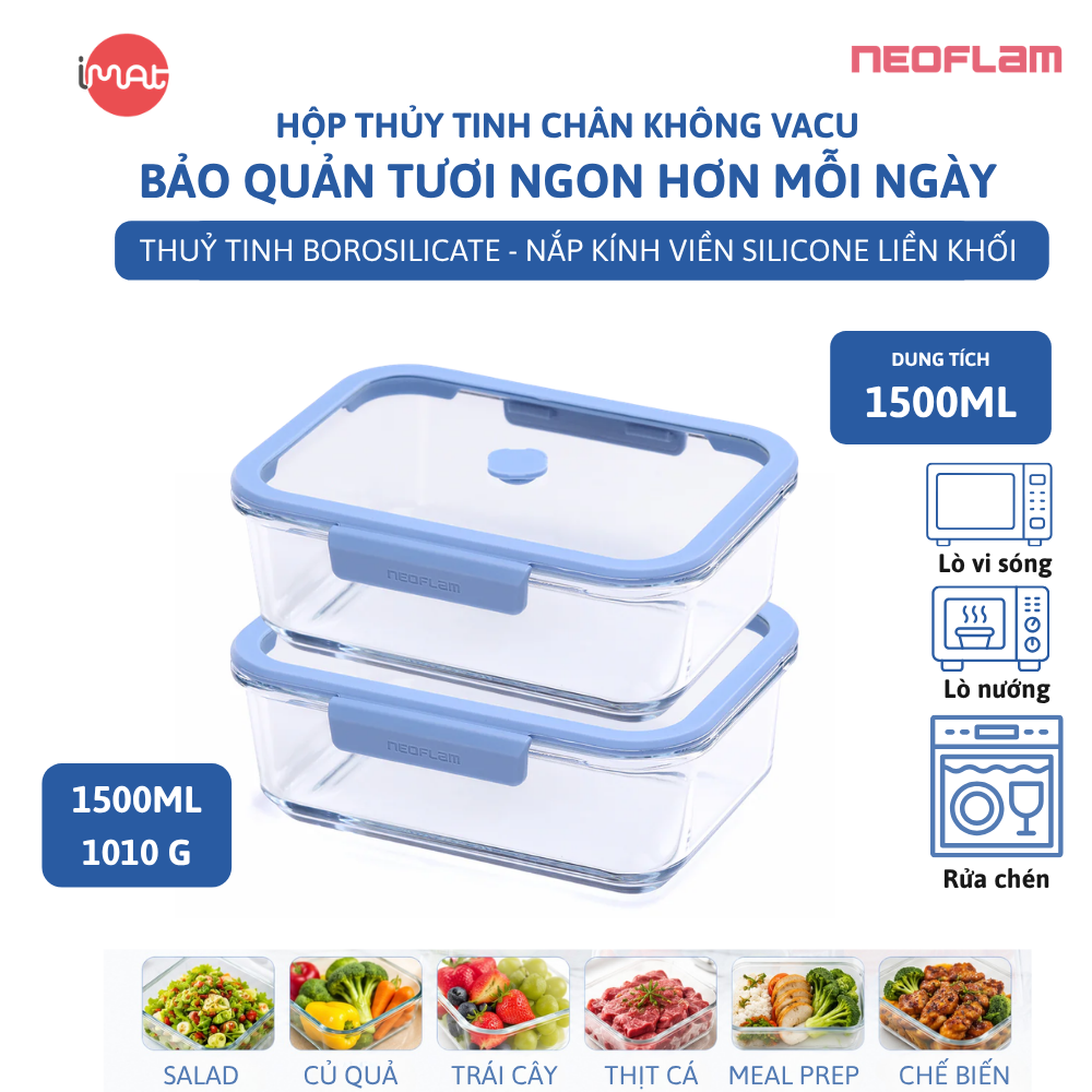 Hộp Thủy Tinh Chân Không Vacu Neoflam Chịu Nhiệt Borosilicate Hút Chân Không 570Ml| 950Ml|1500L| 2300ml