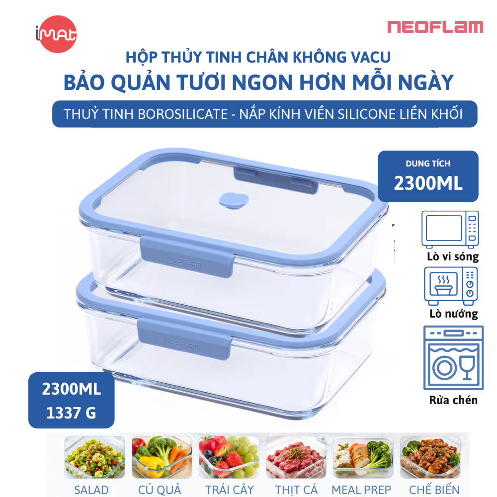 Hộp Thủy Tinh Chân Không Vacu Neoflam Chịu Nhiệt Borosilicate Hút Chân Không 570Ml| 950Ml|1500L| 2300ml