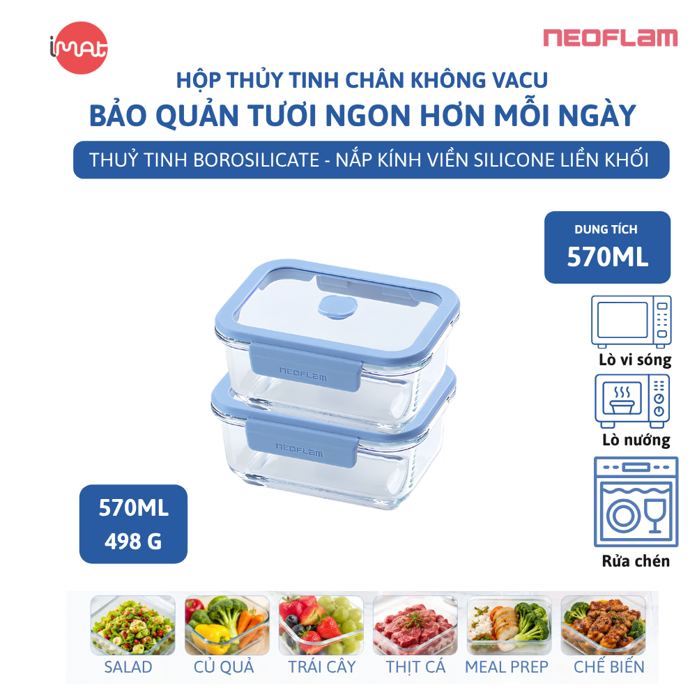 Hộp Thủy Tinh Chân Không Vacu Neoflam Chịu Nhiệt Borosilicate Hút Chân Không 570Ml| 950Ml|1500L| 2300ml