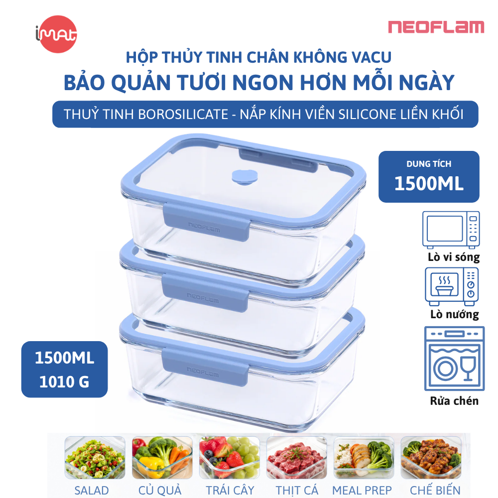 Hộp Thủy Tinh Chân Không Vacu Neoflam Chịu Nhiệt Borosilicate Hút Chân Không 570Ml| 950Ml|1500L| 2300ml