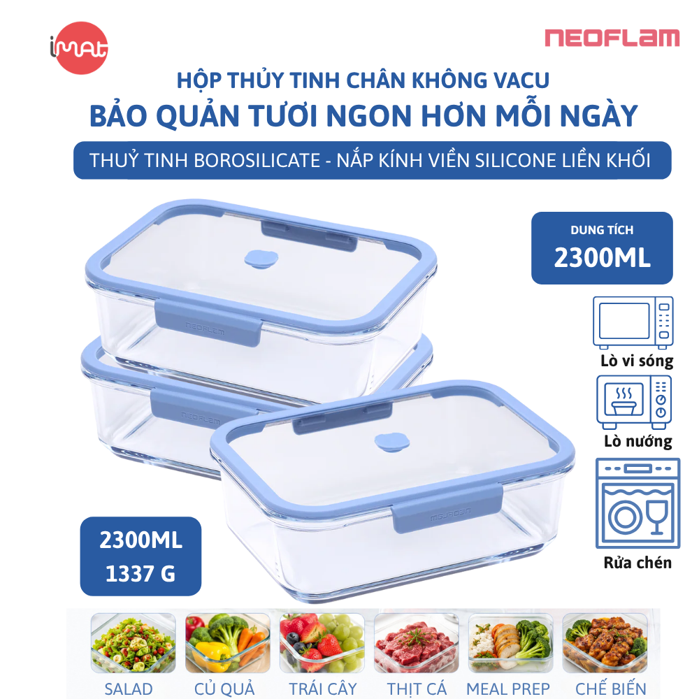 Hộp Thủy Tinh Chân Không Vacu Neoflam Chịu Nhiệt Borosilicate Hút Chân Không 570Ml| 950Ml|1500L| 2300ml