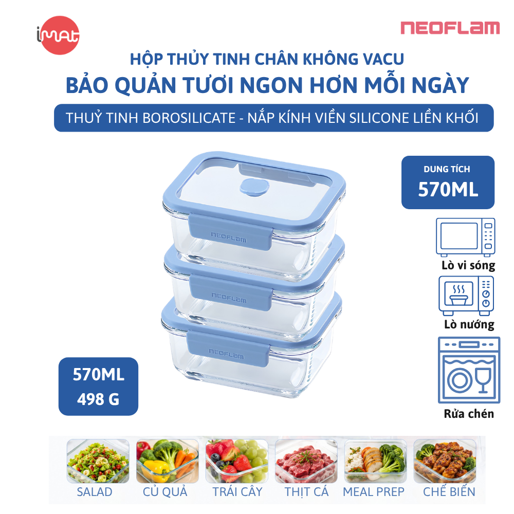 Hộp Thủy Tinh Chân Không Vacu Neoflam Chịu Nhiệt Borosilicate Hút Chân Không 570Ml| 950Ml|1500L| 2300ml