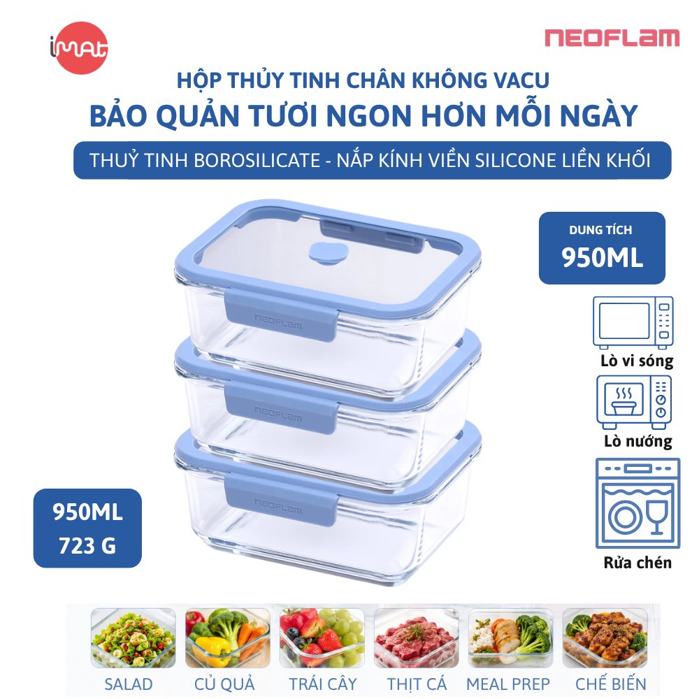 Hộp Thủy Tinh Chân Không Vacu Neoflam Chịu Nhiệt Borosilicate Hút Chân Không 570Ml| 950Ml|1500L| 2300ml