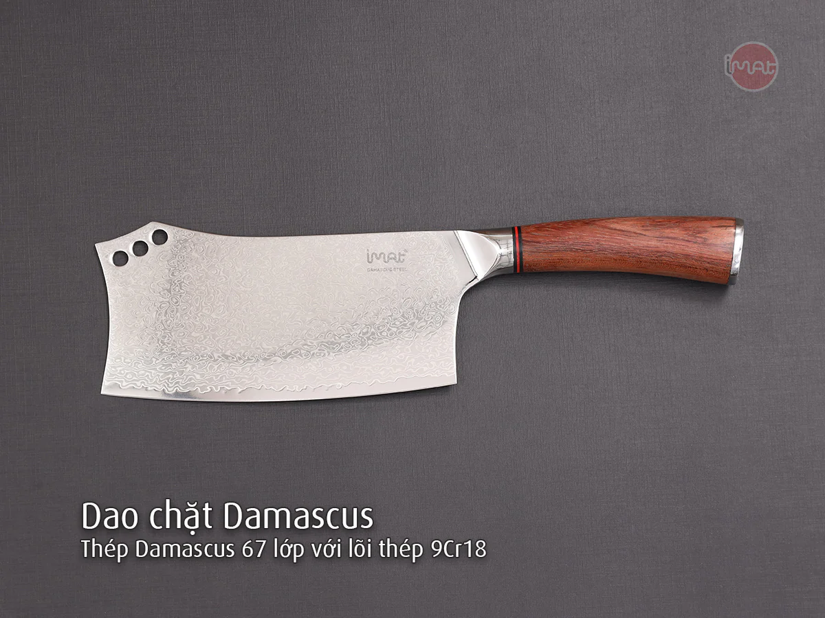 Dao thép Damascus  iMat, lưỡi bằng thép không gỉ 9Cr18, cán gỗ cẩm lai tự nhiên