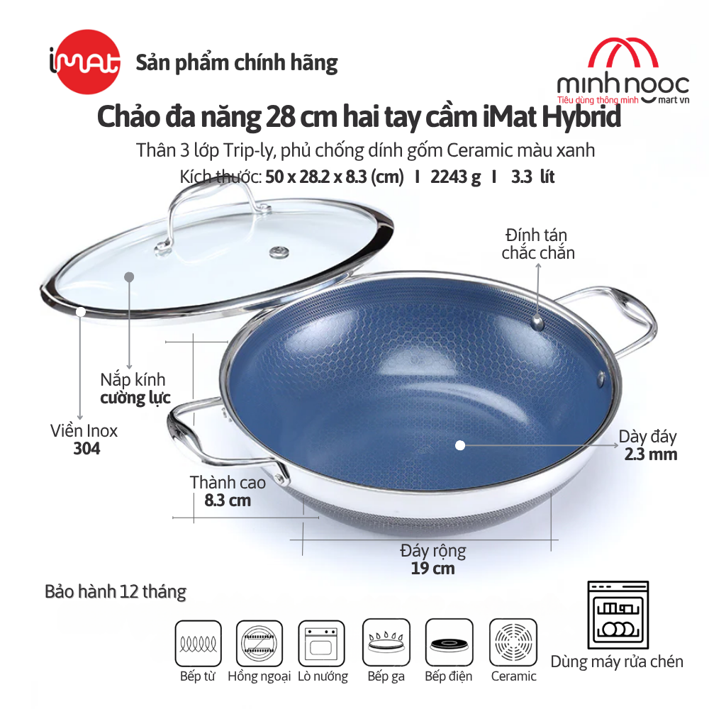 Chảo Đa Năng Cỡ Lớn Imat Hybrid 28Cm, Chống Dính Ceramic Xanh