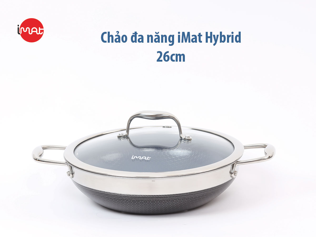 Chảo đa năng iMat Hybrid 26cm, có vung (lòng xanh)
