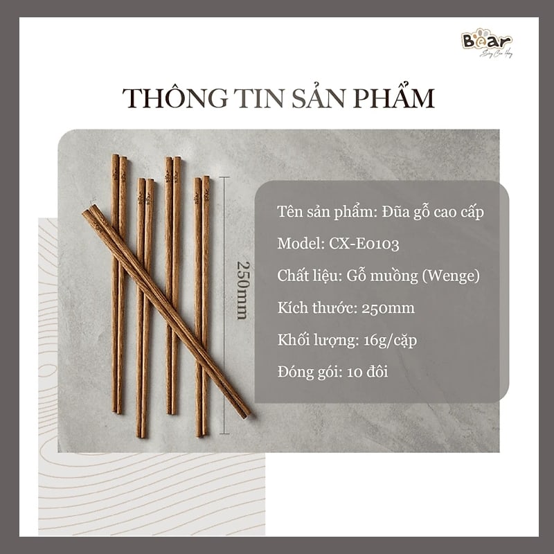 Bộ đũa gỗ thủ công Bear cao cấp CX-E0103