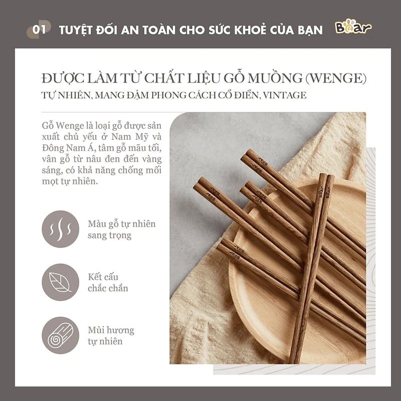 Bộ đũa gỗ thủ công Bear cao cấp CX-E0103