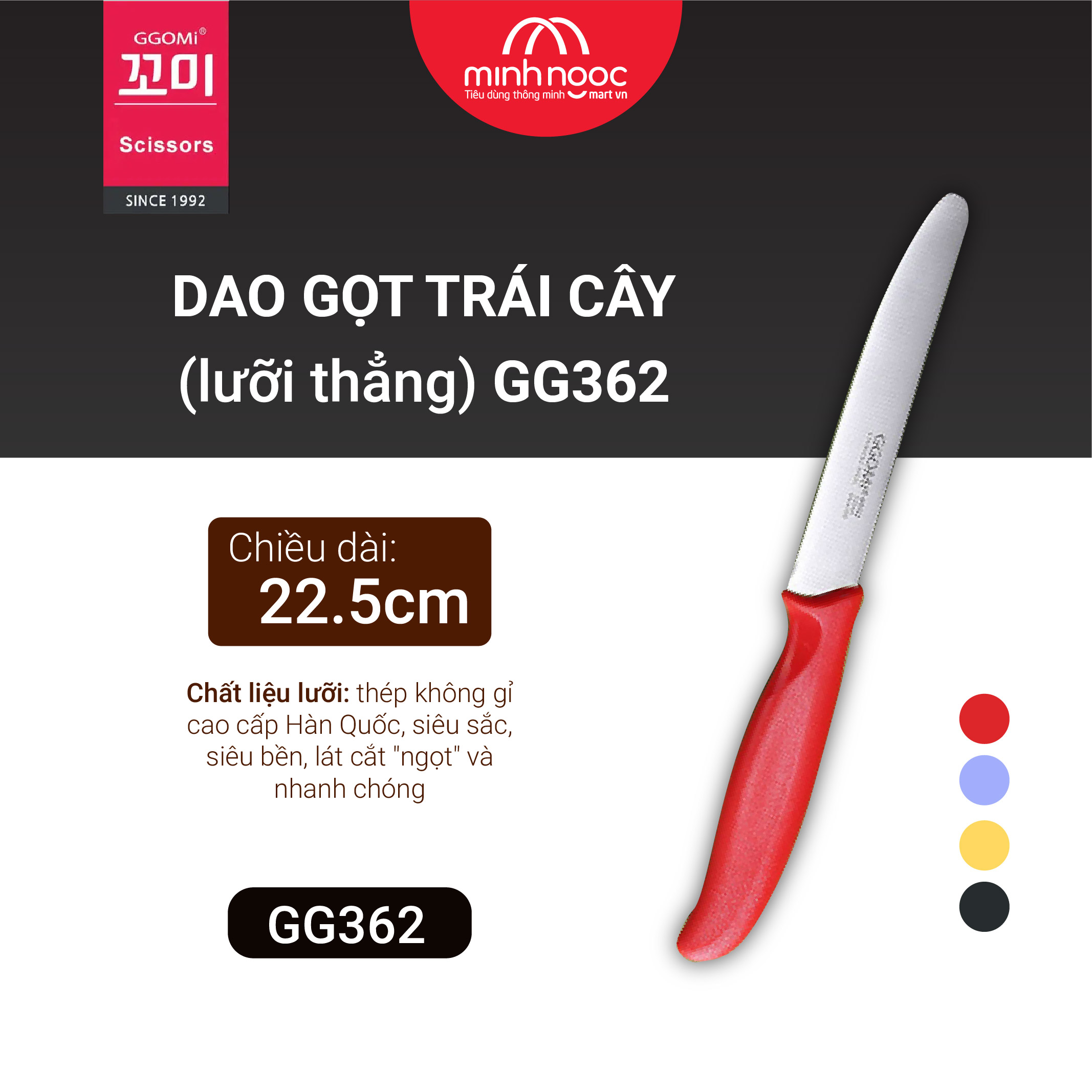 Dao gọt trái cây đa năng lưỡi thẳng GGOMi Hàn Quốc GG362. 4 màu lựa chọn