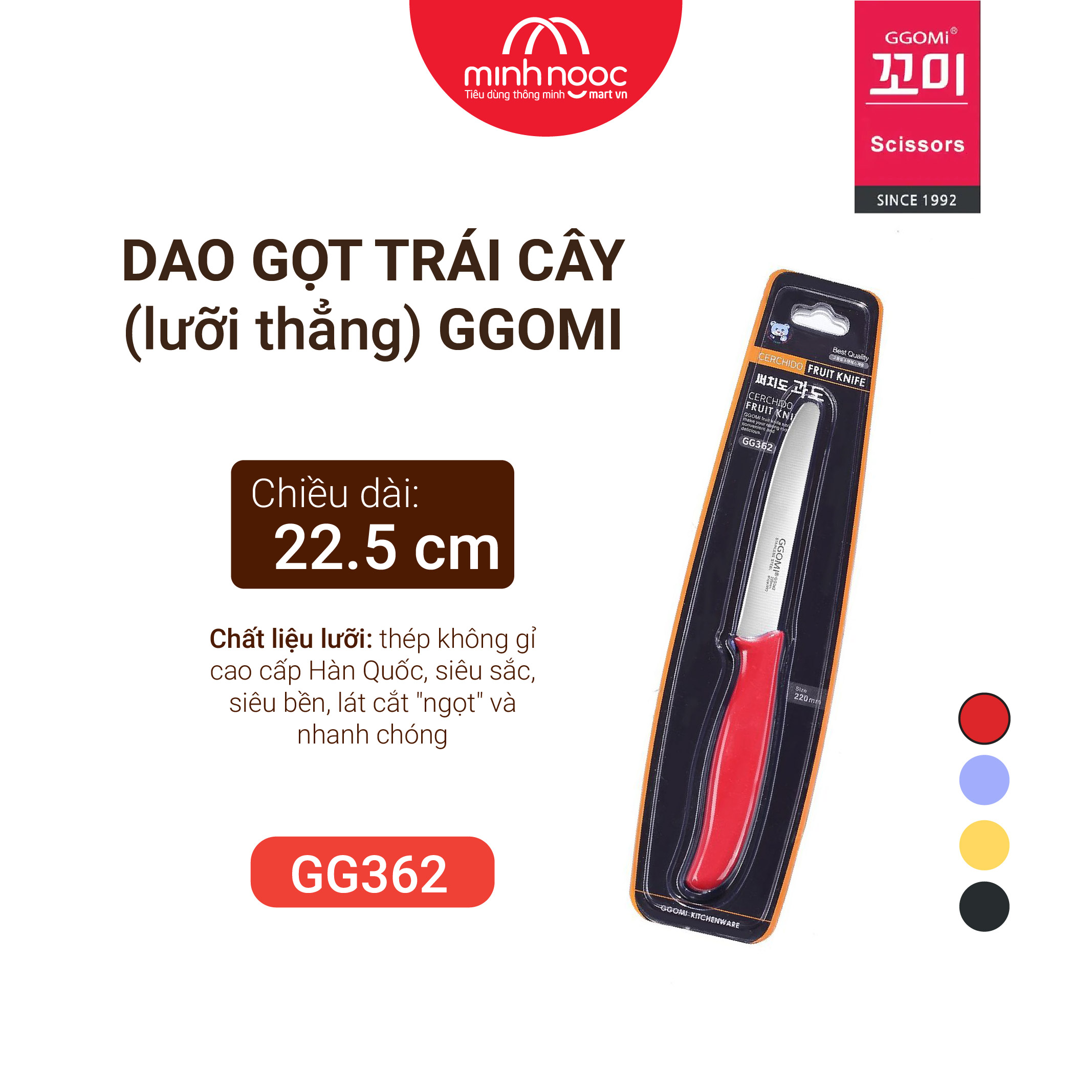 Dao gọt trái cây đa năng lưỡi thẳng GGOMi Hàn Quốc GG362. 4 màu lựa chọn
