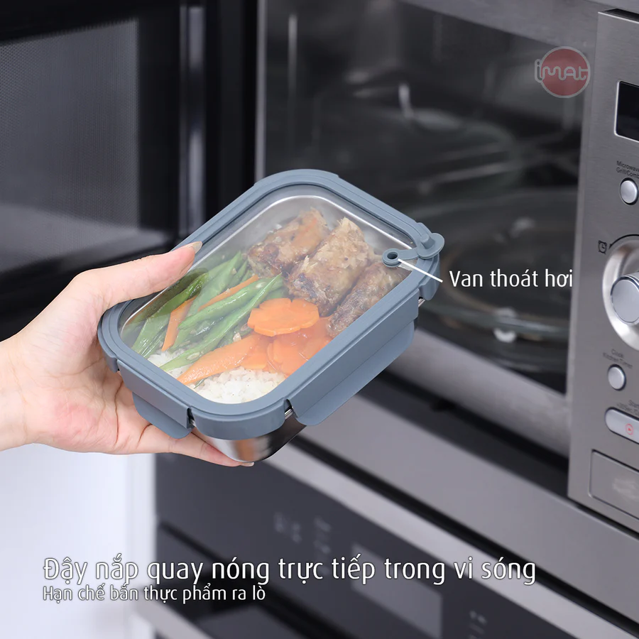 Hộp Inox Dùng Vi Sóng iMat, Nắp Thuỷ Tinh Chịu Nhiệt