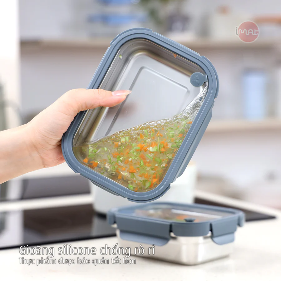 Hộp Inox Dùng Vi Sóng iMat, Nắp Thuỷ Tinh Chịu Nhiệt