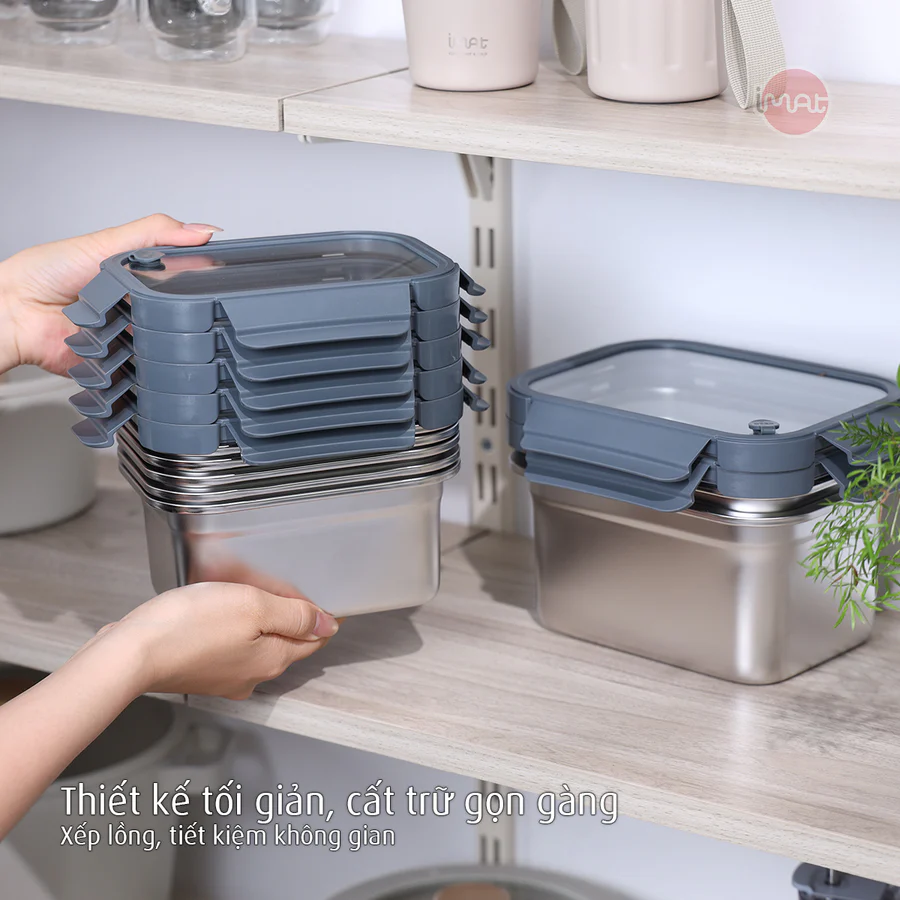 Hộp Inox Dùng Vi Sóng iMat, Nắp Thuỷ Tinh Chịu Nhiệt