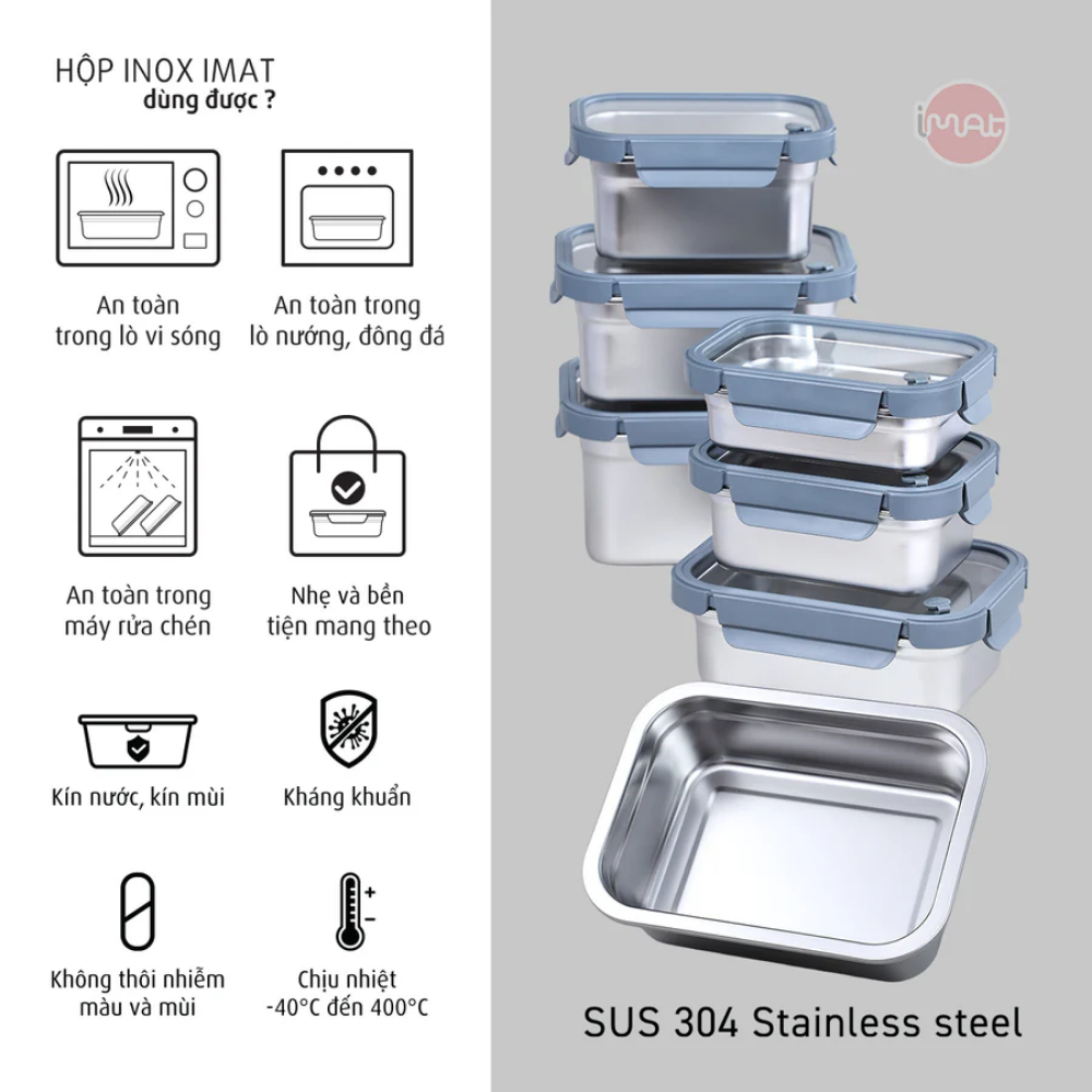 Hộp Inox Dùng Vi Sóng iMat, Nắp Thuỷ Tinh Chịu Nhiệt