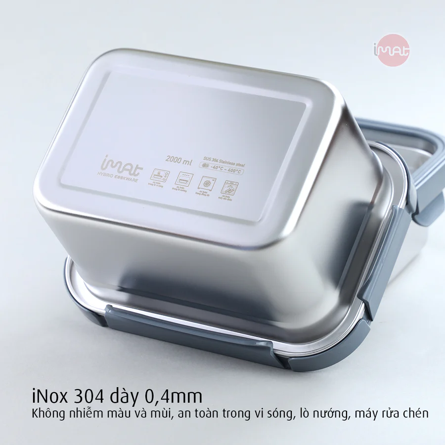 Hộp Inox Dùng Vi Sóng iMat, Nắp Thuỷ Tinh Chịu Nhiệt