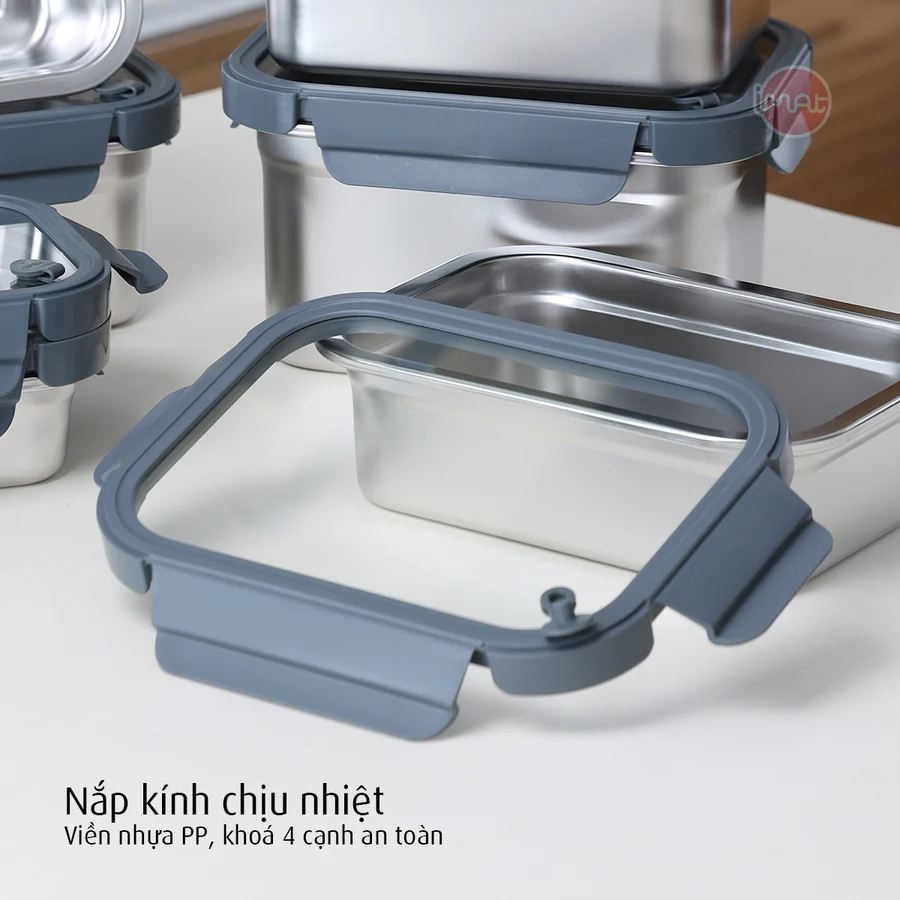Hộp Inox Dùng Vi Sóng iMat, Nắp Thuỷ Tinh Chịu Nhiệt