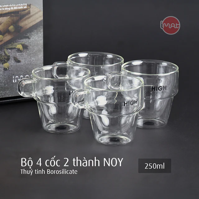 Bộ 4 Cốc IMAT NOY cao cấp 250ml Thủy Tinh Borosilicate Hai Lớp Cách Nhiệt