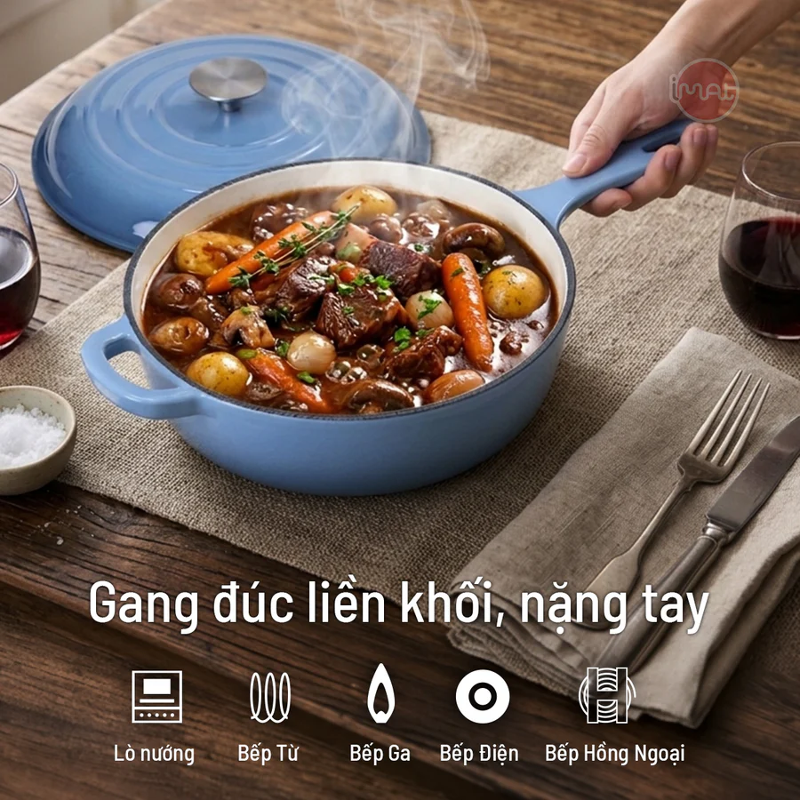 Chảo gang tráng men sâu lòng 26cm có vung