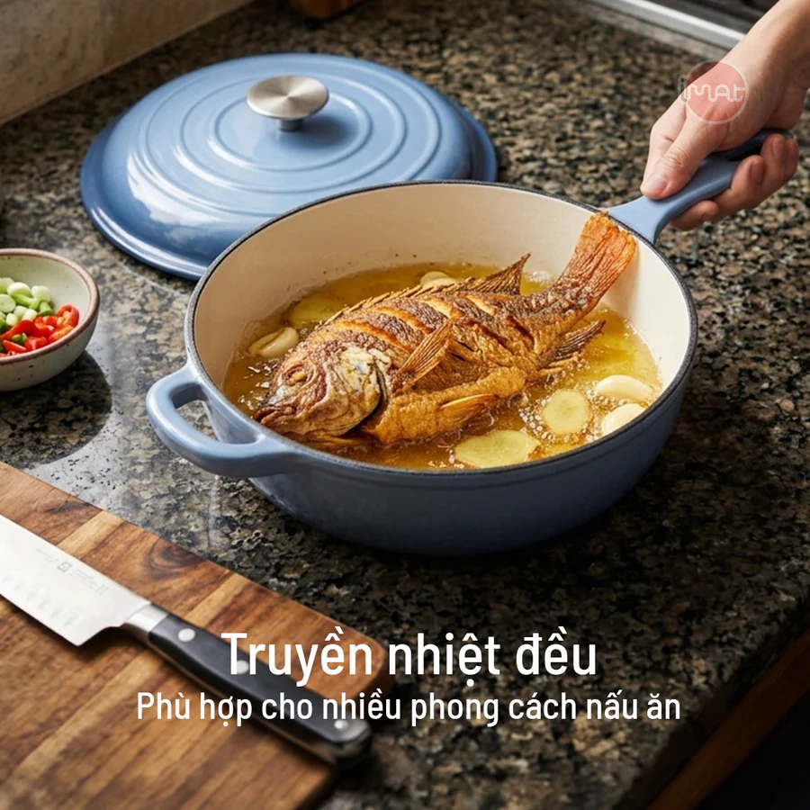 Chảo gang tráng men sâu lòng 26cm có vung