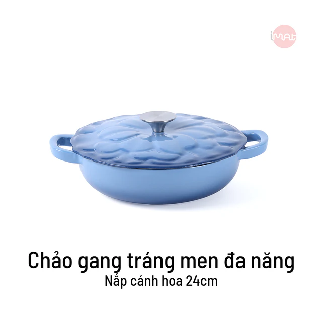 Chảo gang tráng men đa năng nắp cánh hoa 24cm có vung