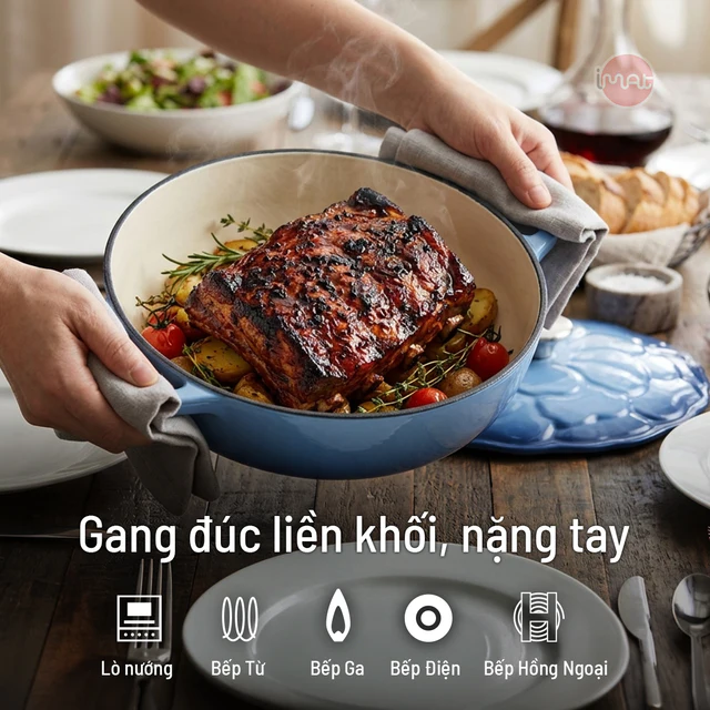 Chảo gang tráng men đa năng nắp cánh hoa 24cm có vung
