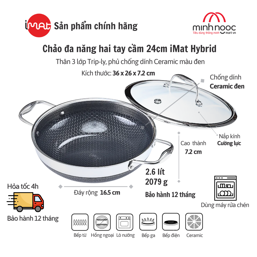 Chảo Đa Năng Hai Tay Cầm Imat Hybrid 24Cm, Chống Dính Ceramic Đen