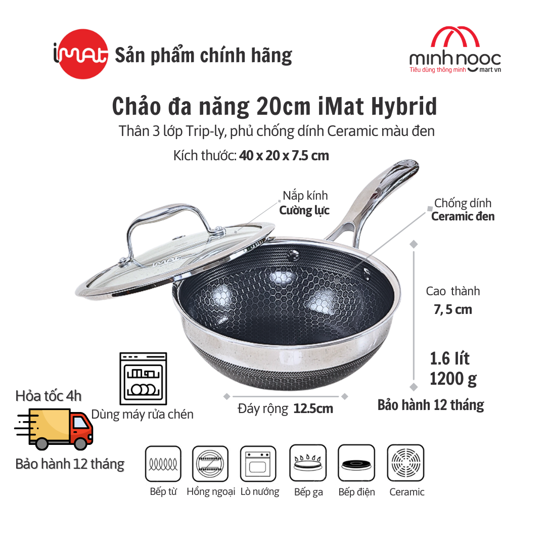 Chảo Đa Năng Imat Hybrid 20Cm, Chống Dính Ceramic Đen