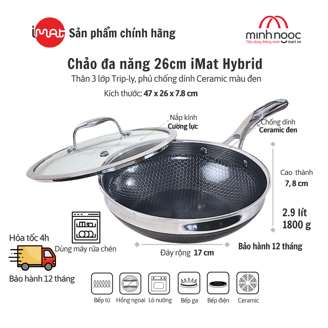 Chảo Đa Năng Imat Hybrid 26Cm, Chống Dính Ceramic Đen