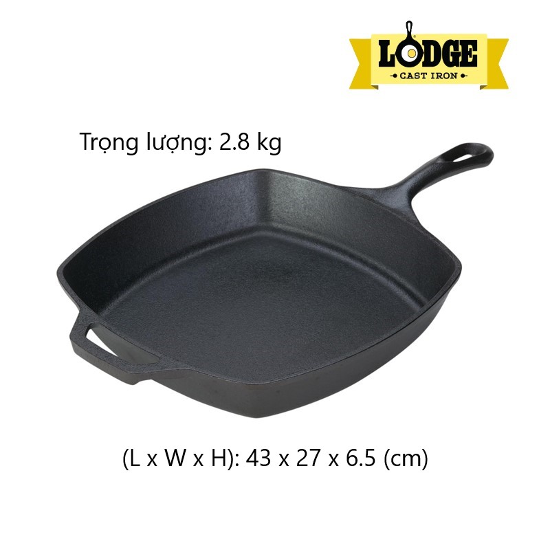 Chảo gang Lodge L8SQ3 26 cm hình vuông đáy bằng