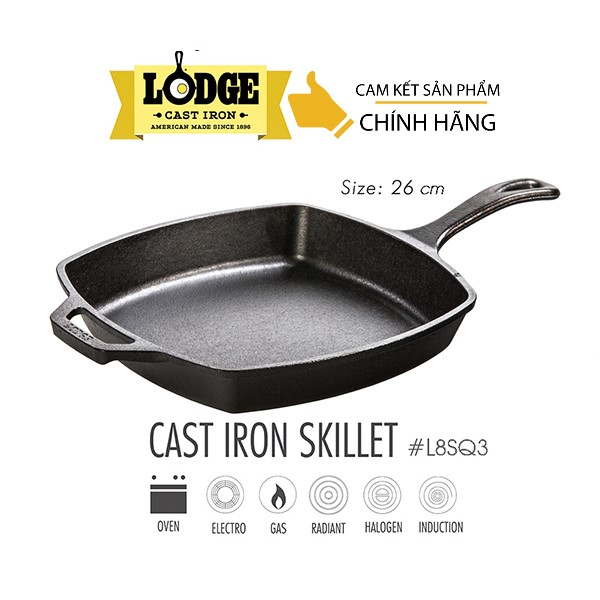 Chảo gang Lodge L8SQ3 26 cm hình vuông đáy bằng