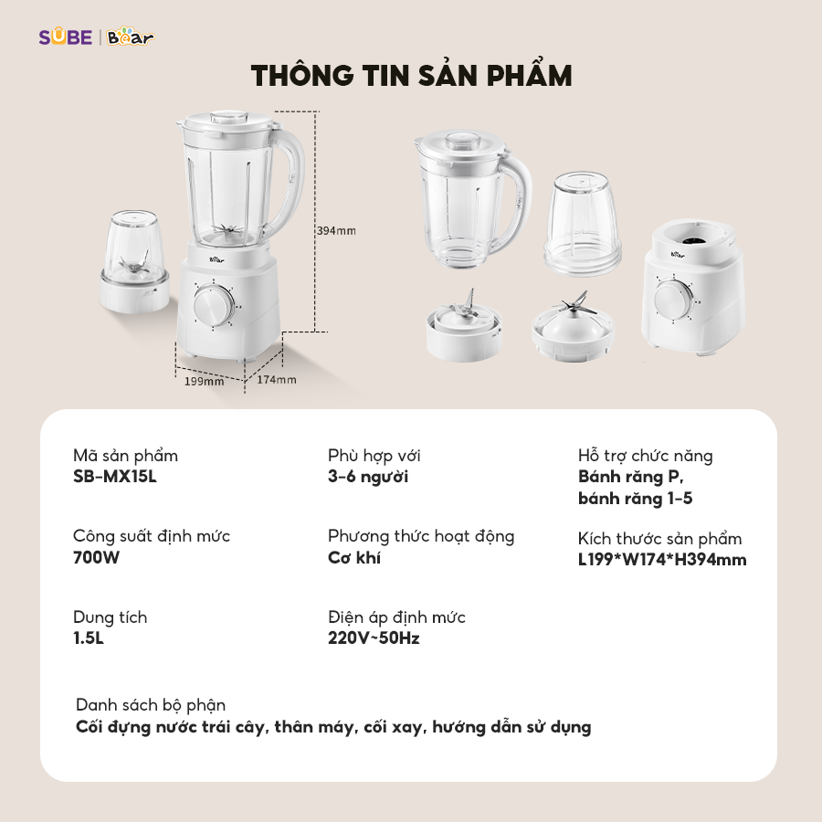 Máy xay sinh tố Bear SB-MX15L xay đa tầng