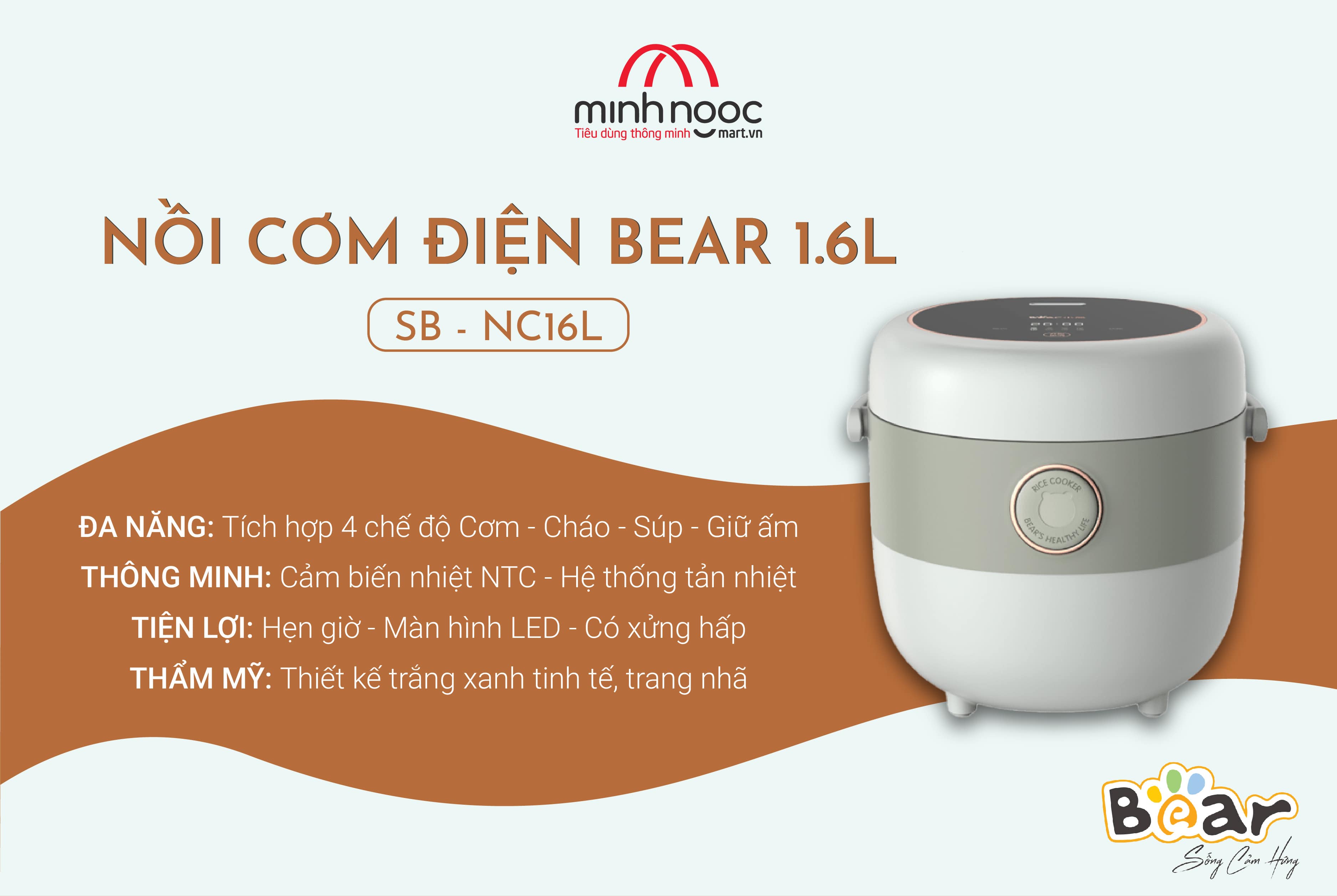 Nồi cơm điện 1.6L Bear CHÍNH HÃNG SB-NC16L