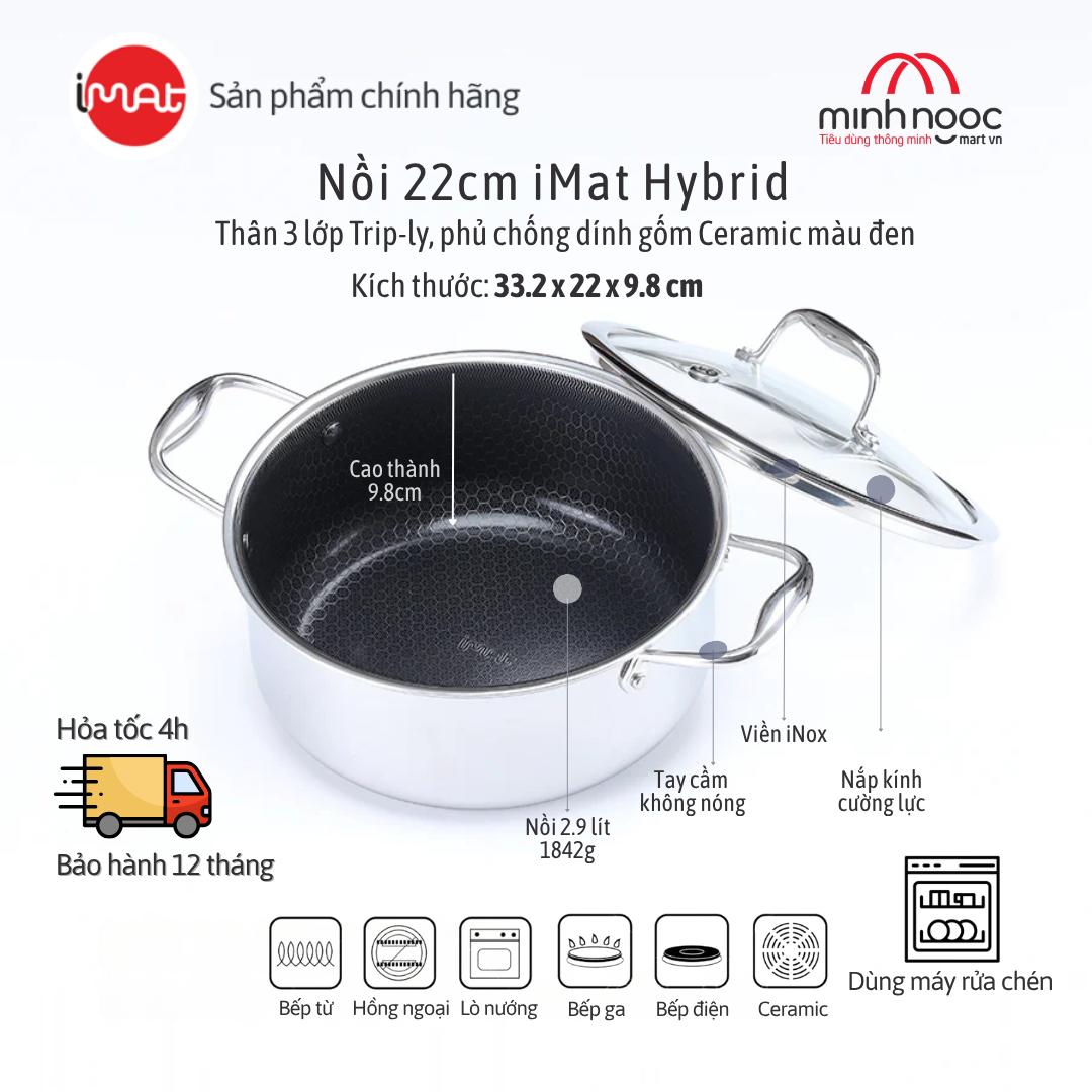 Nồi Inox Cỡ Trung Imat Hybrid 22Cm, Chống Dính Ceramic Đen