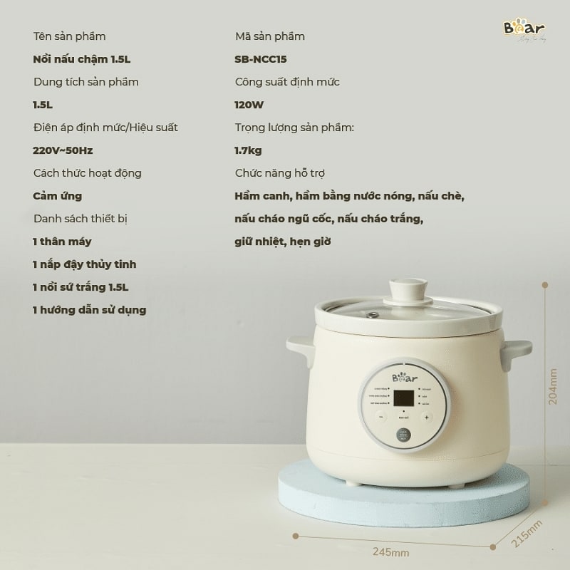 Nồi nấu chậm Bear 1,5L SB-NNC15 (Bản Quốc Tế)