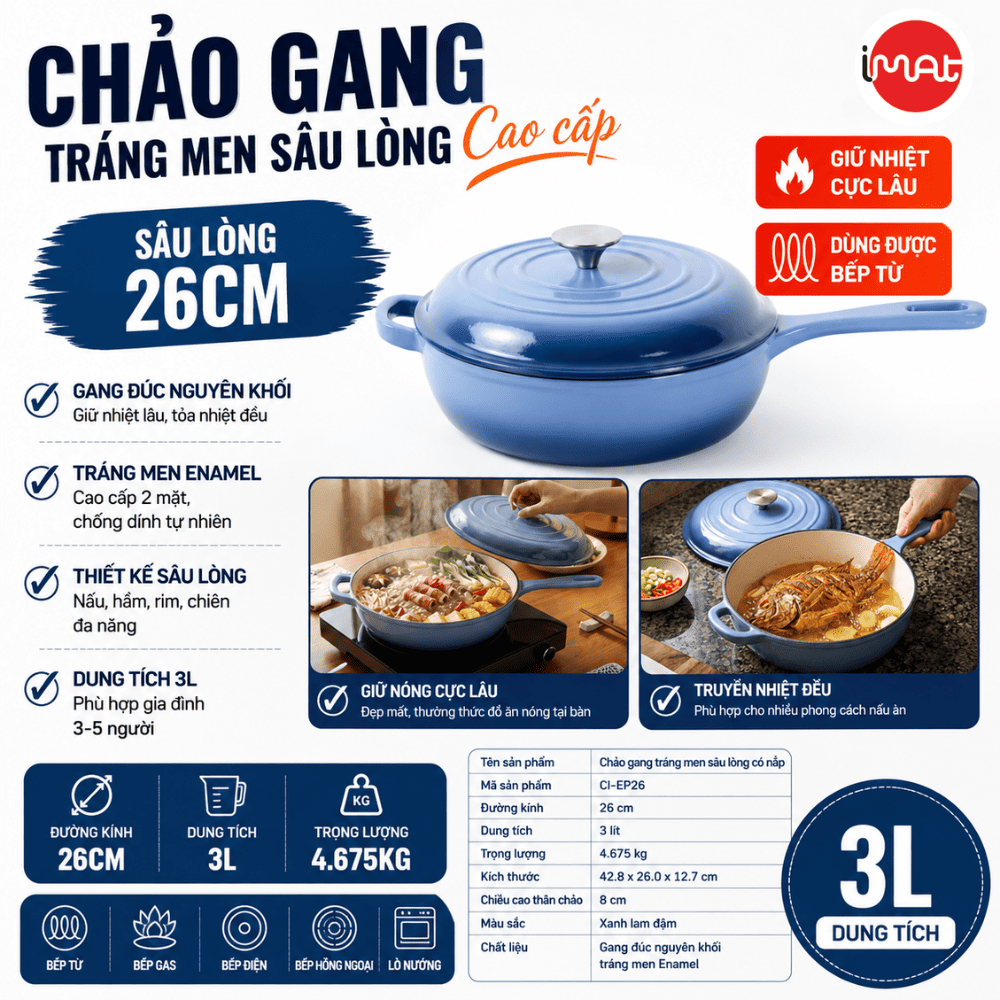 Chảo gang tráng men sâu lòng 26cm có vung