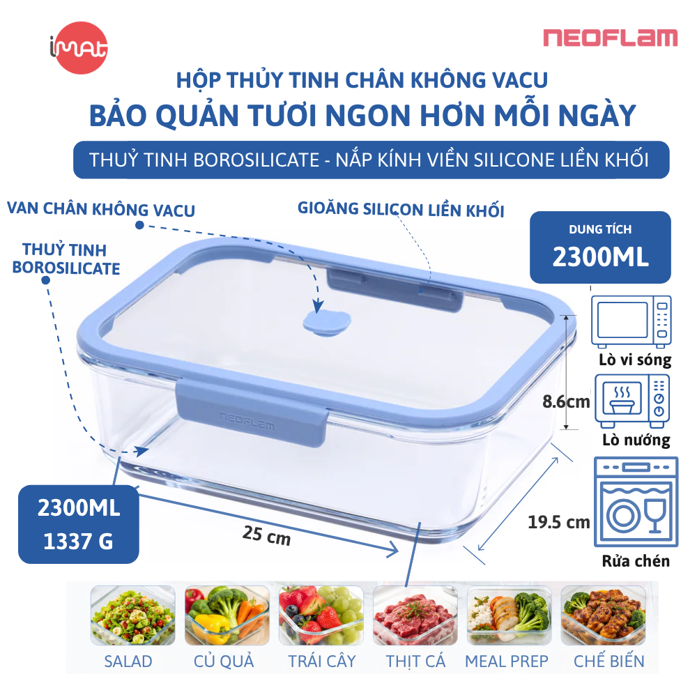 Hộp Thủy Tinh Chân Không Vacu Neoflam Chịu Nhiệt Borosilicate Hút Chân Không 570Ml| 950Ml|1500L| 2300ml