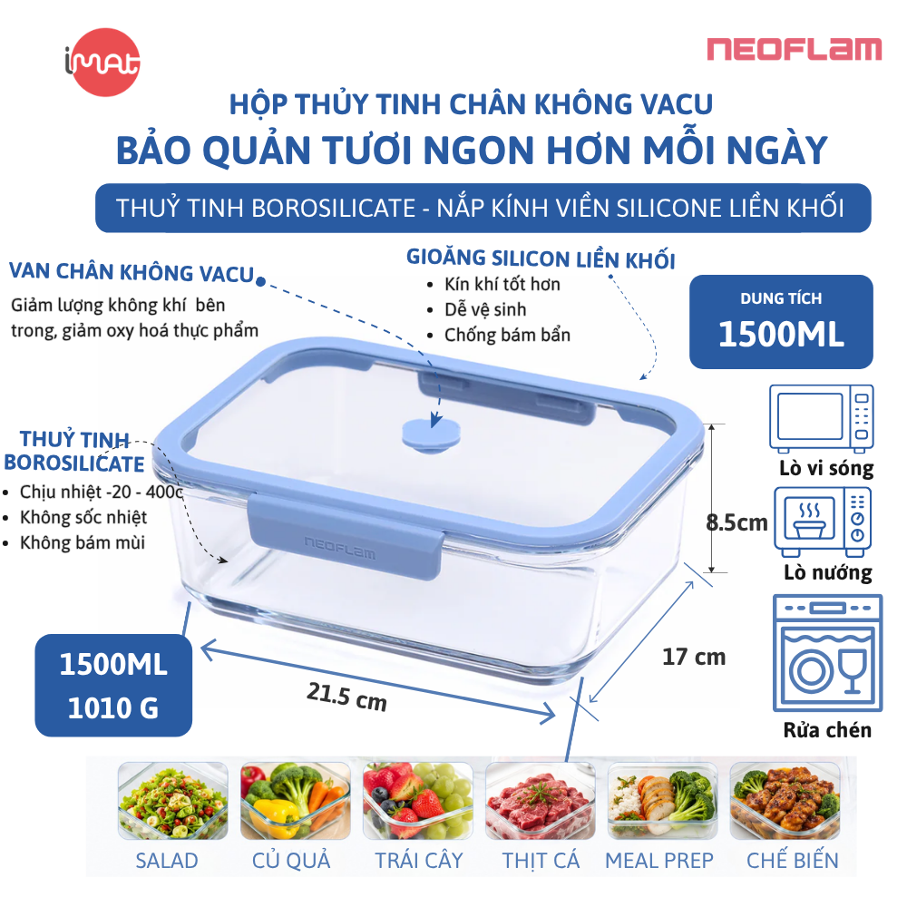 Hộp Thủy Tinh Chân Không Vacu Neoflam Chịu Nhiệt Borosilicate Hút Chân Không 570Ml| 950Ml|1500L| 2300ml